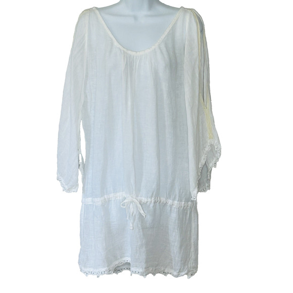 Sunday St Tropez White Linen Tunic M Beach Cover Up Slit Sleeves France Resort - Picture 1 of 8